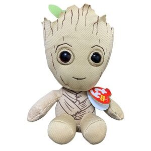 NWT TY GUARDIANS OF THE GALAXY Sits Up Right GROOT Beanie Babies Stuffy Beige 9”